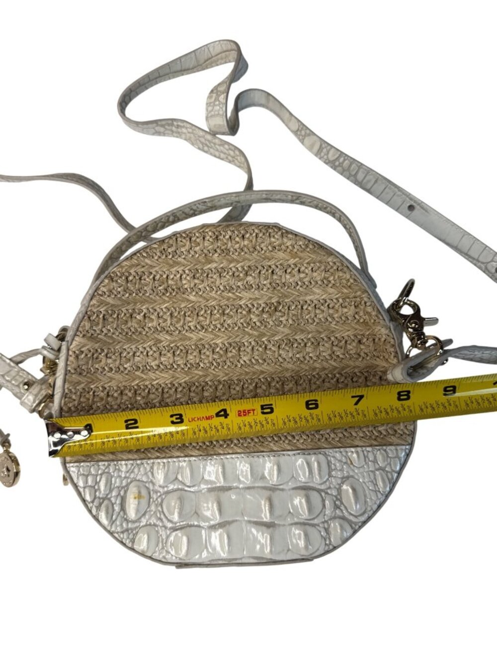 Brahmin Straw & Croc-Embossed Leather Round Crossbody Bag With Adjustable Strap - Picture 9 of 13